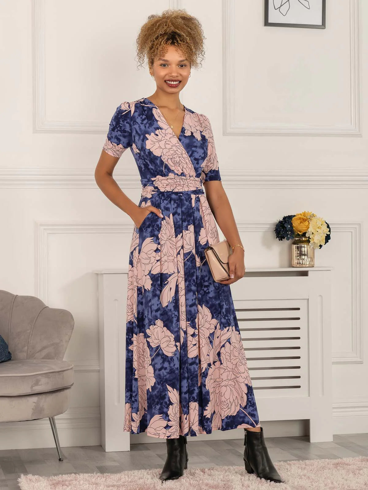 Navy floral maxi wrap dress hotsell