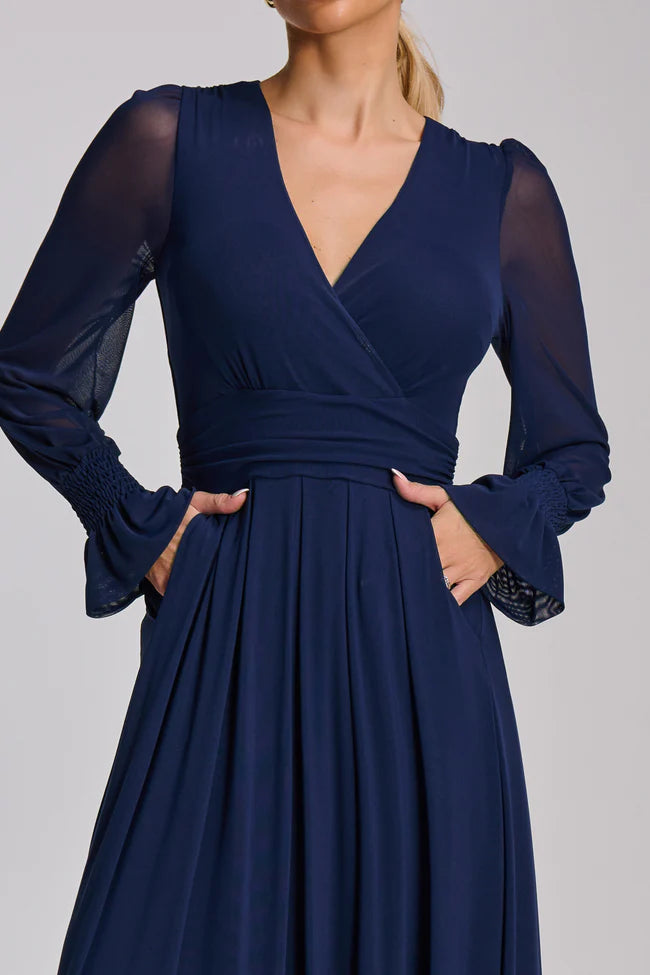 Jolie Moi Mesh long sleeve maxi dress, Navy – Lir Boutique