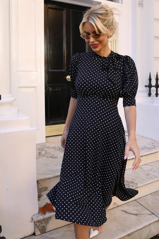 puff sleeve jersey midi dress Sosandar Blue Ditsy Floral Print Puff Sleeve Jersey Midi Dress