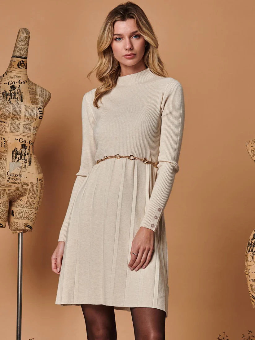 Jolie Moi Long Sleeve Fit Flare Knit Dress Beige Heather Lir