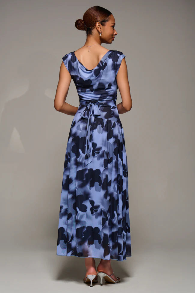 Jolie Moi Asymmetric Draped Mesh Maxi Dress, Blue Abstract – Lir Boutique