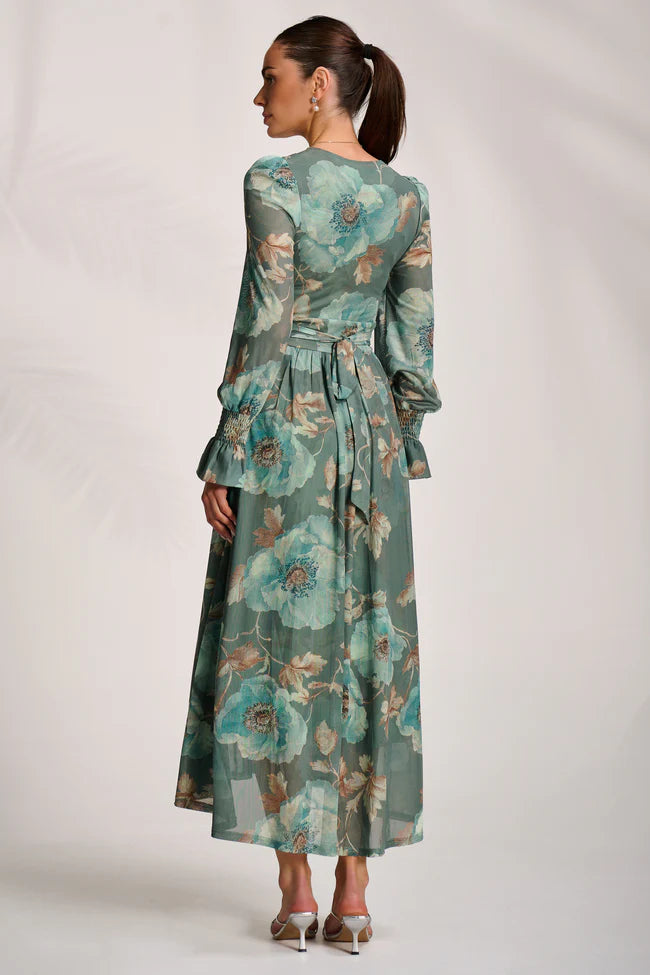 jolie moi maxi dress Jolie Moi Long Sleeve V Neck Mesh Maxi Dress, Green Floral – Lir Boutique