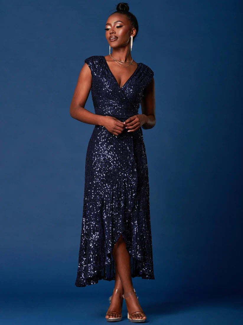 Blue sequin cheap wrap dress