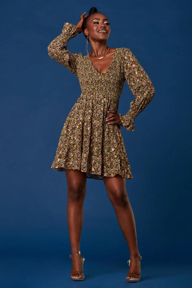 Jolie Moi Play V NECK SHIRRED DETAIL CHIFFON DRESS, GREEN FLORAL